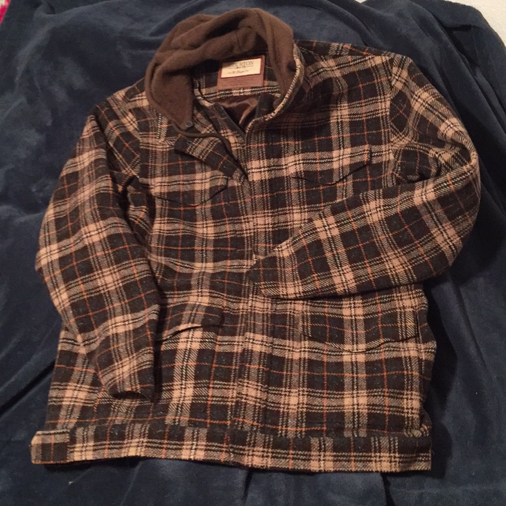 Brown plaid barn jacket with detachable hood